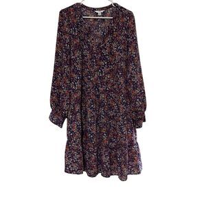Time and Tru XXL Blue Pink Floral Tiered V Neck Babydoll Dress Long Sleeve Fall